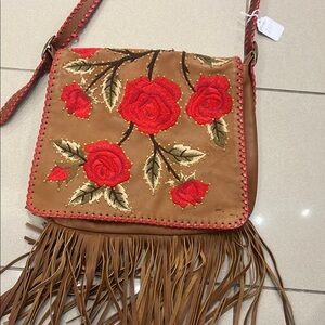 Embroidered Floral Fringe Crossbody Bag